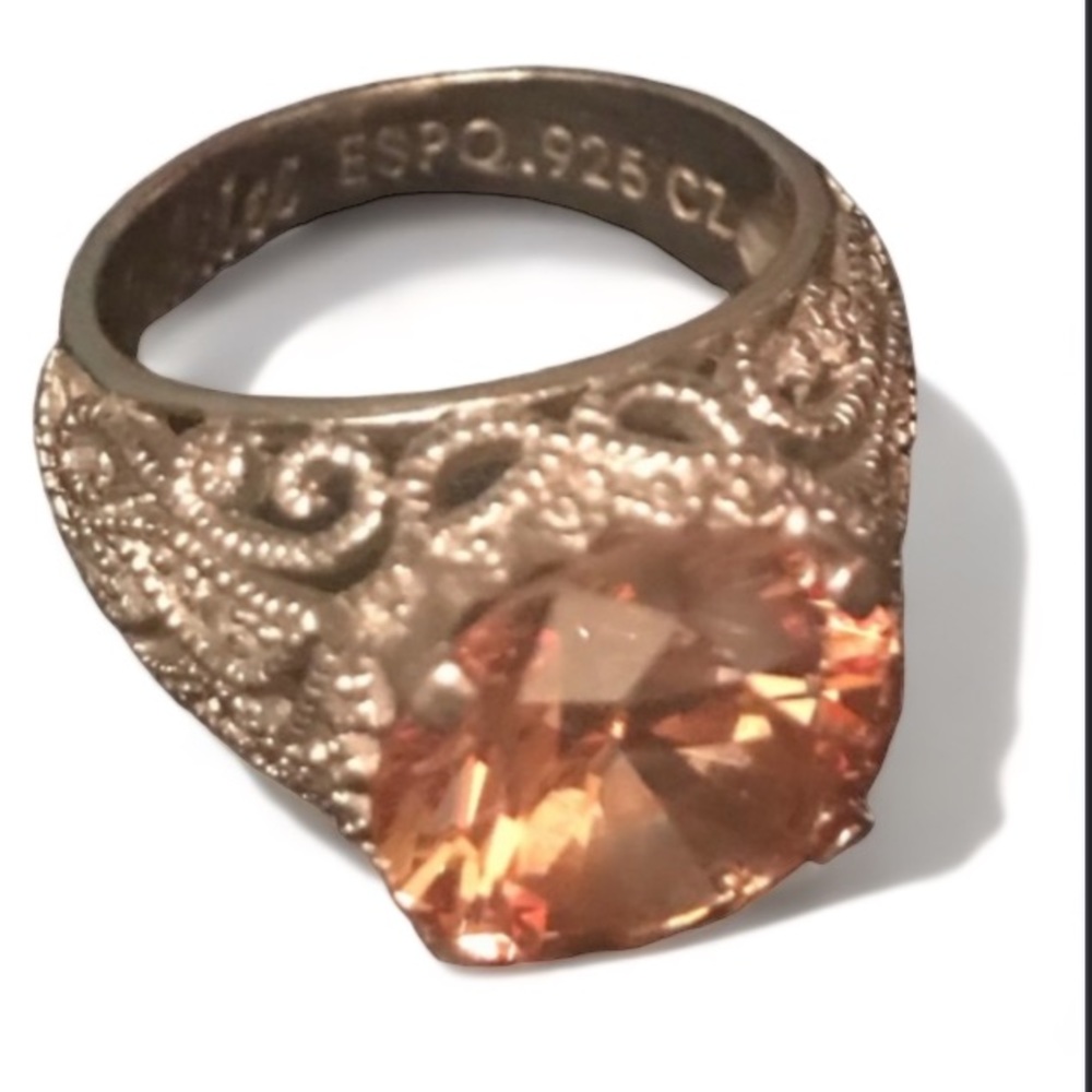 Citrine Champagne Jubilee Filigree ESPO 925 Silver Diamonique Ring Size 6.5 EUC